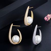 1 Pair Elegant Lady Classic Style Geometric Plating Inlay Brass Imitation Pearl Zircon Gold Plated Drop Earrings main image 3