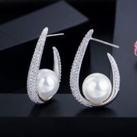 1 Pair Elegant Lady Classic Style Geometric Plating Inlay Brass Imitation Pearl Zircon Gold Plated Drop Earrings main image 7