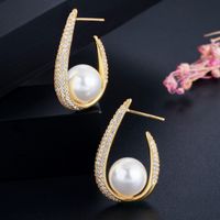 1 Pair Elegant Lady Classic Style Geometric Plating Inlay Brass Imitation Pearl Zircon Gold Plated Drop Earrings main image 6