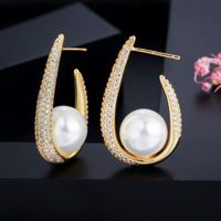 1 Pair Elegant Lady Classic Style Geometric Plating Inlay Brass Imitation Pearl Zircon Gold Plated Drop Earrings main image 4