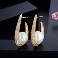 1 Pair Elegant Lady Classic Style Geometric Plating Inlay Brass Imitation Pearl Zircon Gold Plated Drop Earrings main image 5