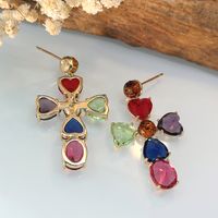 1 Pair Classical Retro Cross Heart Shape Inlay Copper Glass Gold Ear Studs main image 2