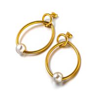 1 Pair Basic Simple Style Classic Style Circle Plating 304 Stainless Steel Artificial Pearl 18K Gold Plated Hoop Earrings main image 3