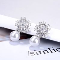 1 Pair IG Style Shiny Flower Inlay Copper Pearl Zircon White Gold Plated Drop Earrings main image 1