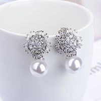 1 Pair IG Style Shiny Flower Inlay Copper Pearl Zircon White Gold Plated Drop Earrings main image 3