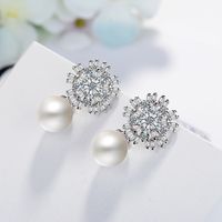 1 Pair IG Style Shiny Flower Inlay Copper Pearl Zircon White Gold Plated Drop Earrings main image 4