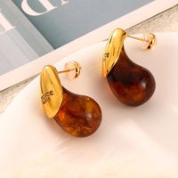 1 Pair Elegant Retro Letter Water Droplets Plating Inlay Carving Resin Brass Resin 18K Gold Plated Ear Studs main image 10