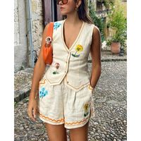 Holiday Daily Women's Vacation Flower Polyester Printing Button Pants Sets Shorts Sets main image 3