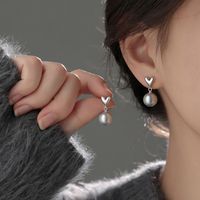 1 Pair Elegant Simple Style Heart Shape Inlay Sterling Silver Pearl Drop Earrings main image 2