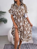 Frau Etuikleid Strassenmode Ablehnen Taste Lange Ärmel Leopard Maxi Langes Kleid Ferien Täglich main image 2