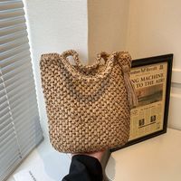 Women's Large Straw Solid Color Vacation Beach Zipper Straw Bag main image 4