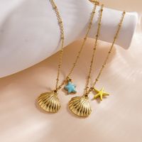 304 Stainless Steel 14K Gold Plated Marine Style Tropical Plating Starfish Shell Pendant Necklace main image 1