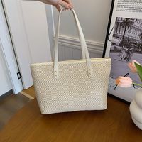 Women's Medium Straw Solid Color Vacation Beach Zipper Tote Bag main image 4