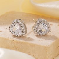 1 Pair Simple Style Heart Shape Plating Inlay Copper Zircon Rhodium Plated Ear Studs main image 7