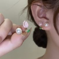 1 Pair Fashion Heart Shape Flower Bow Knot Copper Inlay Artificial Pearls Zircon Earrings sku image 9
