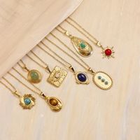 304 Stainless Steel 18K Gold Plated Vintage Style French Style Inlay Sun Oval Water Droplets Natural Stone main image 1