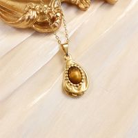 304 Stainless Steel 18K Gold Plated Vintage Style French Style Inlay Sun Oval Water Droplets Natural Stone main image 5
