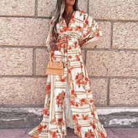 Women's Swing Dress Classic Style Streetwear V Neck Printing 3/4 Length Sleeve Color Block Maxi Long Dress Holiday main image 2