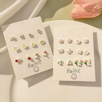 6 Pairs Cute Sweet Bear Flower Bow Knot Enamel Plating Inlay Alloy Rhinestones Silver Plated Ear Studs main image 4