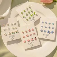6 Pairs Cute Sweet Bear Flower Bow Knot Enamel Plating Inlay Alloy Rhinestones Silver Plated Ear Studs main image 1
