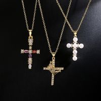 Fashion Clavicle Chain Copper 18k Gold Zircon Pearl Cross Pendant Necklace main image 1