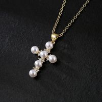 Fashion Clavicle Chain Copper 18k Gold Zircon Pearl Cross Pendant Necklace main image 4