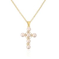 Fashion Clavicle Chain Copper 18k Gold Zircon Pearl Cross Pendant Necklace sku image 1