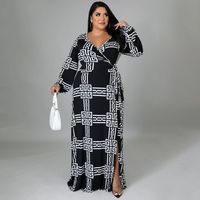 Femmes Robe Régulière Robe Fendue Sexy Tropical Col En V Fente Ceinture Manche Longue Impression Maxi Longue Robe Décontractée Du Quotidien Rue main image 1