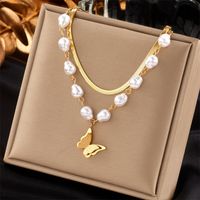 Wholesale Jewelry Baroque Style Butterfly Artificial Pearl Titanium Steel 18k Gold Plated Layered Necklaces sku image 1
