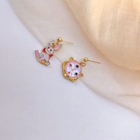 1 Pair Fashion Rabbit Heart Shape Flower Metal Asymmetrical Enamel Plating Women's Drop Earrings main image 2