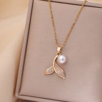 Casual Simple Style Rabbit Heart Shape Fish Tail Titanium Steel Plating Inlay Opal Pearl Zircon Pendant Necklace sku image 17