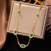 Fashion Round Oval Titanium Steel Inlay Turquoise Necklace 1 Piece sku image 4