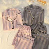 Heim Paar Luxuriöse Streifen Gitter Polyester Hosen Sets Pyjama-sets main image 3