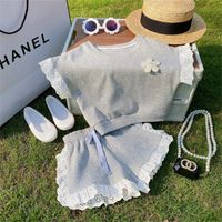 Cute Solid Color Elastic Drawstring Design Pearl Lace Cotton Girls Clothing Sets main image 3