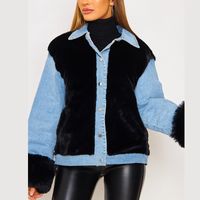 Women's Fashion Color Block Patchwork Single Breasted Coat Denim Jacket sku image 12