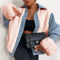 Women's Fashion Color Block Patchwork Single Breasted Coat Denim Jacket sku image 3