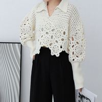 Fashion Solid Color Cotton Blend V Neck Long Sleeve Bishop Sleeve Hollow Out Knitwear main image 3