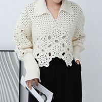 Fashion Solid Color Cotton Blend V Neck Long Sleeve Bishop Sleeve Hollow Out Knitwear main image 5