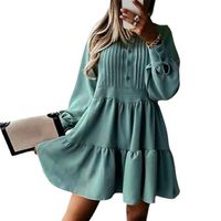 Elegant Stripe Solid Color Round Neck Long Sleeve Patchwork Button Polyester Dresses Knee-length Tiered Skirt main image 4