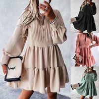 Elegant Stripe Solid Color Round Neck Long Sleeve Patchwork Button Polyester Dresses Knee-length Tiered Skirt main image 6