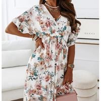 Floral Dress Casual V Neck Printing Short Sleeve Floral Maxi Long Dress Holiday main image 2