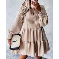 Elegant Stripe Solid Color Round Neck Long Sleeve Patchwork Button Polyester Dresses Knee-length Tiered Skirt main image 3