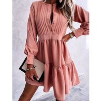 Elegant Stripe Solid Color Round Neck Long Sleeve Patchwork Button Polyester Dresses Knee-length Tiered Skirt main image 2