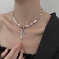 1 Piece Cool Style Cross Alloy Plating Artificial Pearls Rhinestones Silver Plated Women's Pendant Necklace main image 6