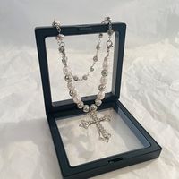 1 Piece Cool Style Cross Alloy Plating Artificial Pearls Rhinestones Silver Plated Women's Pendant Necklace main image 4