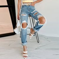 Women's Holiday Streetwear Solid Color Full Length Ripped Jeans Straight Pants main image 1