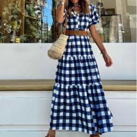 Women's A-line Skirt Simple Style British Style Standing Collar Printing Short Sleeve Plaid Midi Dress Street sku image 2