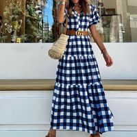 Frau Rock In A-linie Einfacher Stil Britischer Stil Stehkragen Drucken Kurzarm Plaid Midi-kleid Straße main image 5