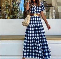 Women's A-line Skirt Simple Style British Style Standing Collar Printing Short Sleeve Plaid Midi Dress Street main image 3