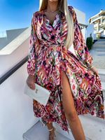 Women's Slit Dress Sexy V Neck Printing Long Sleeve Printing Midi Dress Street main image 4